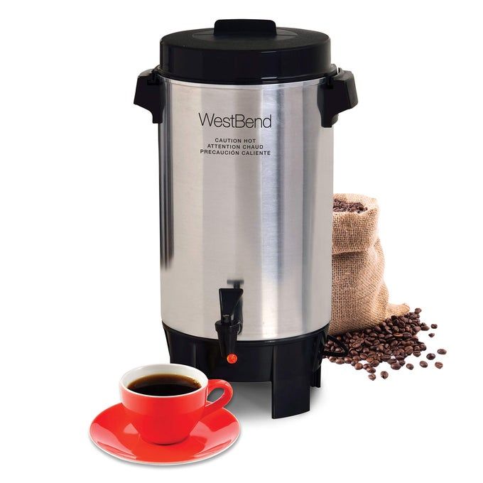 West Bend 58002 Highly Polished Aluminum Commercial Coffee Urn Features Automatic Temperature Control Large Capacity with Quick Brewing Easy Prep and Clean Up, 42-Cup, Silver - Image 1