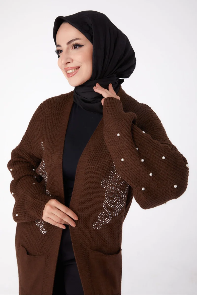 Tofisa Plain Medium Women's Coffee Pearl Knitted Cardigan - 26453