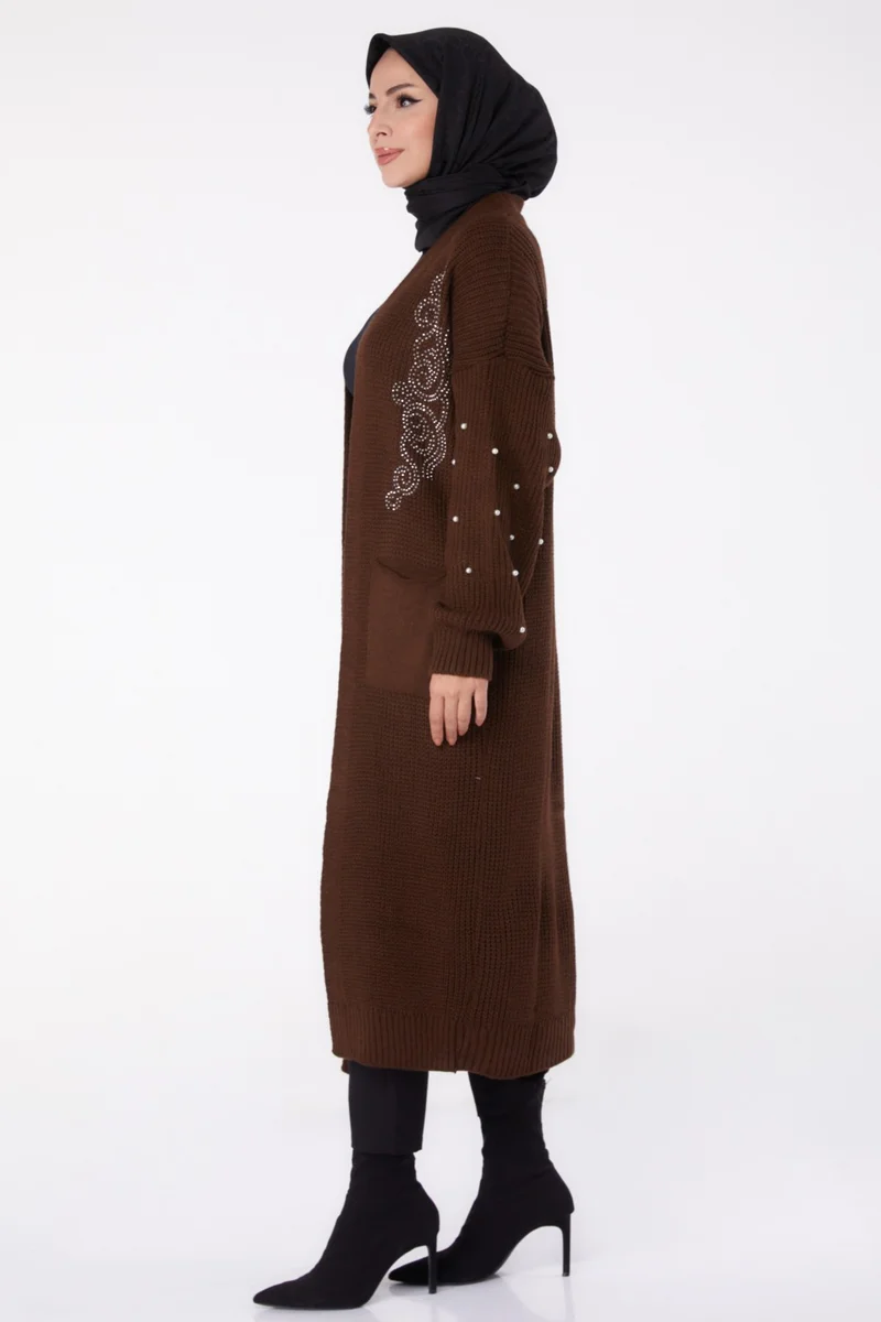 Tofisa Plain Medium Women's Coffee Pearl Knitted Cardigan - 26453