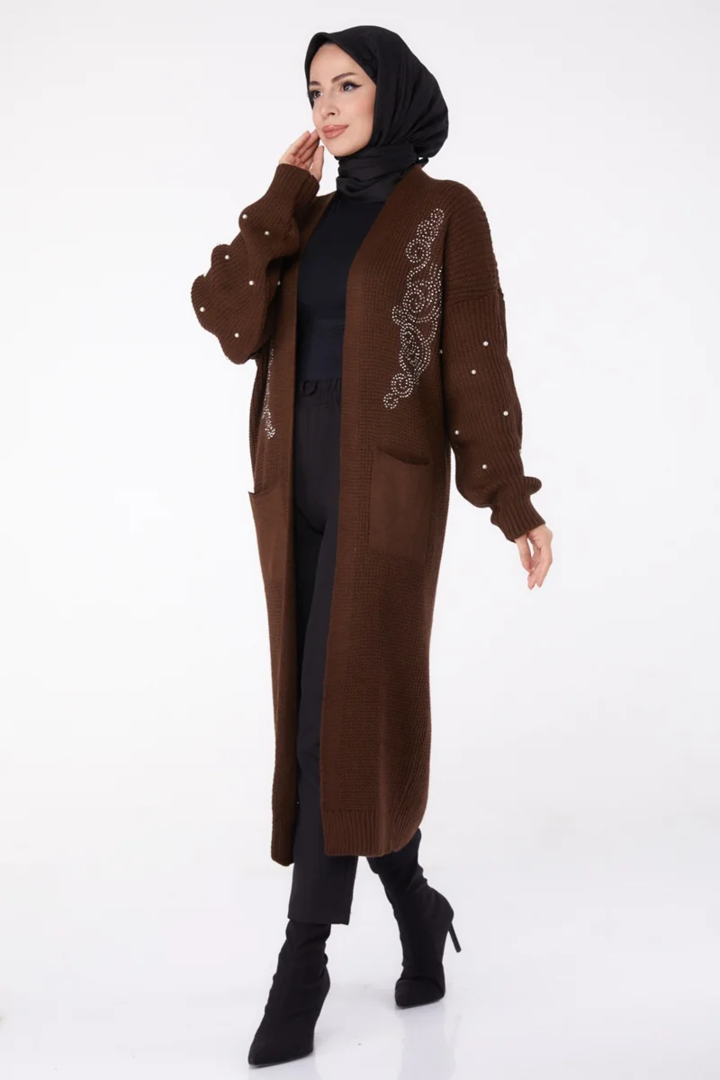Tofisa Plain Medium Women's Coffee Pearl Knitted Cardigan - 26453