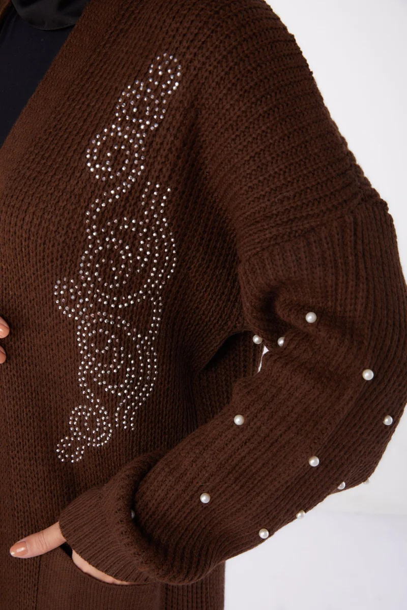 Tofisa Plain Medium Women's Coffee Pearl Knitted Cardigan - 26453