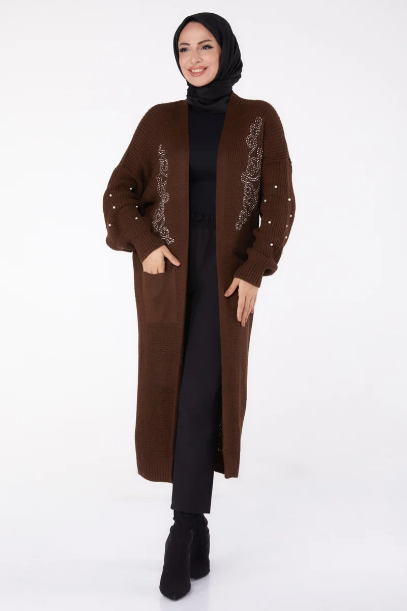 Tofisa Plain Medium Women's Coffee Pearl Knitted Cardigan - 26453