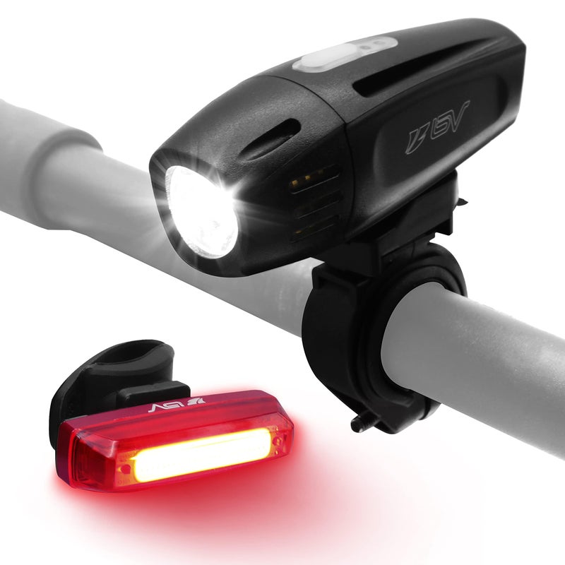 BV Super Bright Bike Light Set USB Rechargeable - Headlight & Taillight, Waterproof IP44 , 3 Light Modes Including Flash Mode for Safety, Easy to Install and Fits All Bicycles - Image 1
