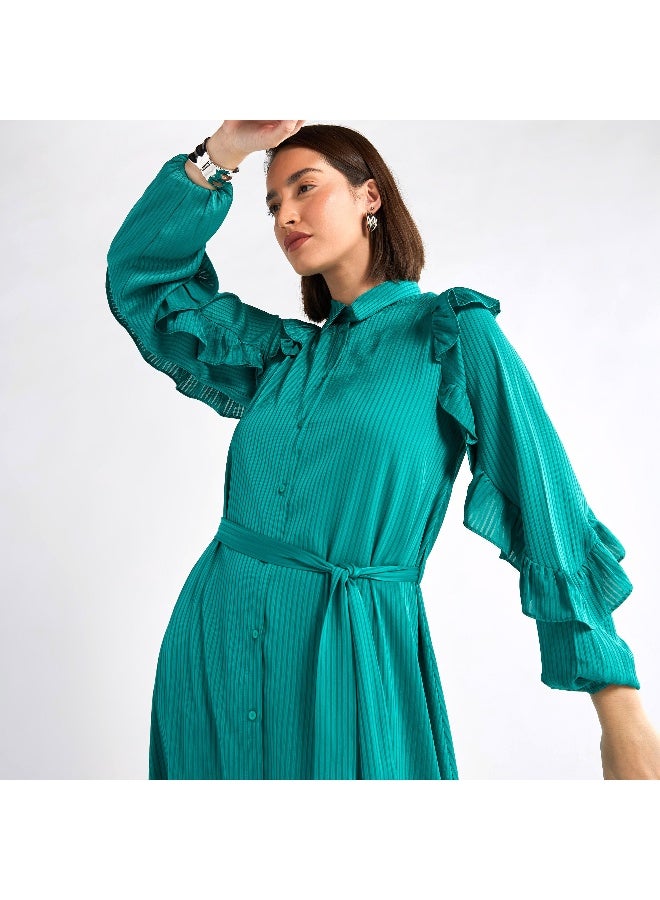 سبلاش فيڤ فستان ميدي مخطط غير متماثل بأكمام مكشكشة - Image 4