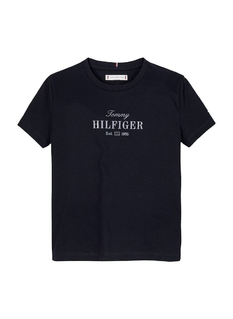 TOMMY HILFIGER - Girls' Glitter Logo Crew Neck T-Shirt - Cotton Blend, Blue - Image 1