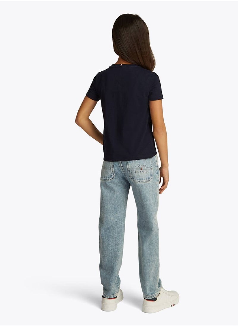 TOMMY HILFIGER - Girls' Glitter Logo Crew Neck T-Shirt - Cotton Blend, Blue - Image 1