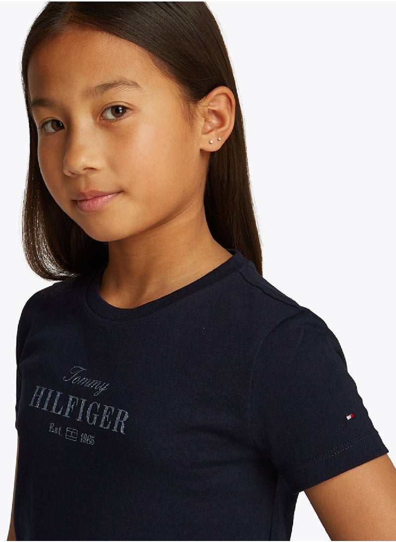 TOMMY HILFIGER - Girls' Glitter Logo Crew Neck T-Shirt - Cotton Blend, Blue - Image 1