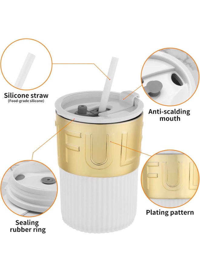 Glass Water Bottle with Straw and Lid (Gold-White), Travel Painted Coffee Mug, Holiday Gift, - Image 4