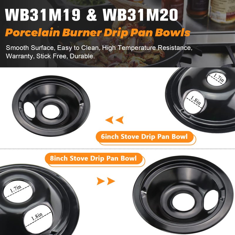 Blutoget WB31M20 WB31M19 Porcelain Drip Pans by Blutoget - Compatible for GE Hotpoint Range Cooktop - Includes 2 6-Inch and 2 8-Inch black Drip Pans - 4 Pack (Black Porcelain) - Image 2