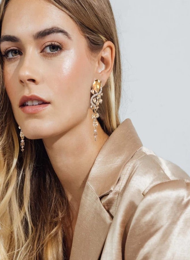 WanBigVa Champagne Rhinestone Statement Drop Dangle Earrings Dangling Sparkly Crystal Bridal Bridesmaid Wedding Earrings Long Chandelier Teardrop Earrings for Women Prom Party - Image 4