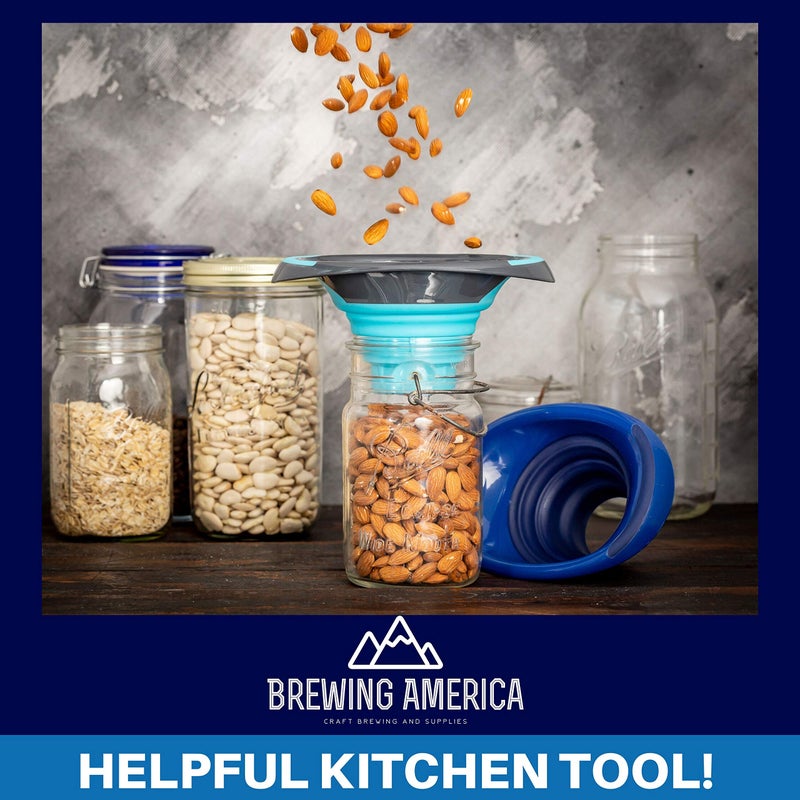 Brewing America قمع تعليب المطبخ - قمع طعام سيليكون قابل للطي لبرطمانات ماسون ذات الفم العريض والعادي - استخدام مرن للقهوة، السوائل، المربى، الطهي، الخبز، الحرف - أزرق فاتح/رمادي - Image 2