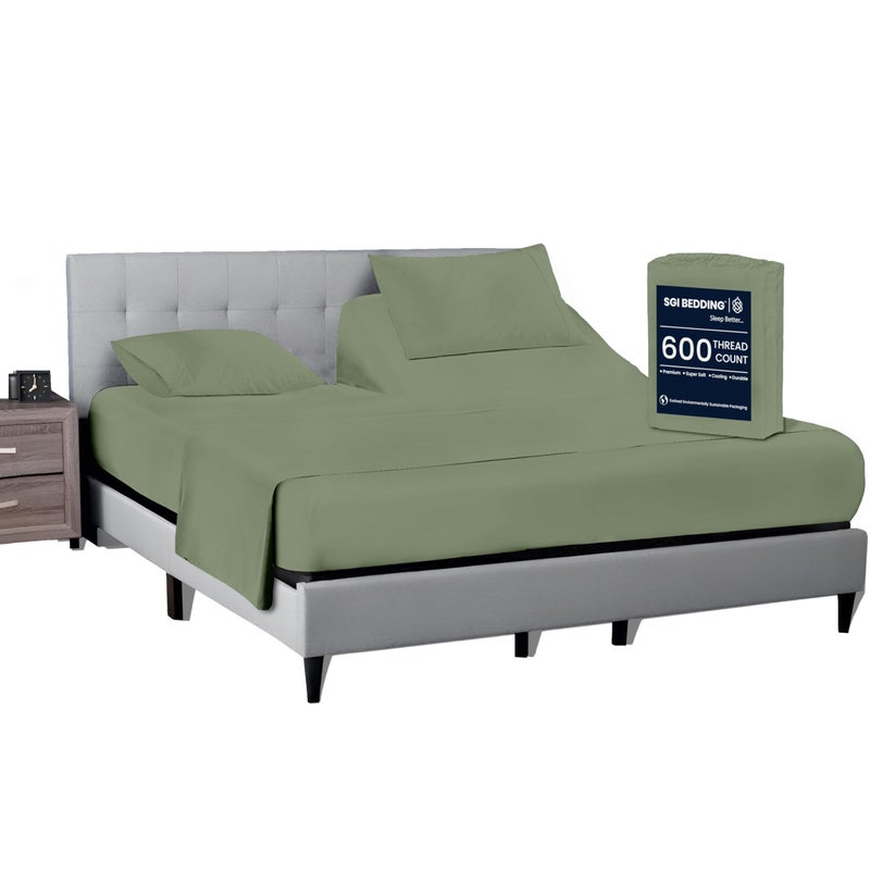 SGI bedding 32" Queen Split Top Flex Head Sheet 100% Egyptian Cotton Sheet Set - 600 Thread Count Flex Top Sheet Adjustable Bed - 4 Piece Sheet Set 15" Deep Pocket Sleep Number Bed - Moss Solid - Image 1