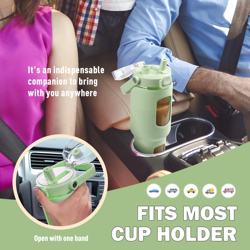 BLUEGO 40 oz Glass Water Bottles with Straw Time Marker  Glass Tumbler with Handle Top Lids  Easy to Clean  Fits in Car Cup Holder  Leakproof Jug for Gym  Sports  Workout & Daily  Green - Image 4
