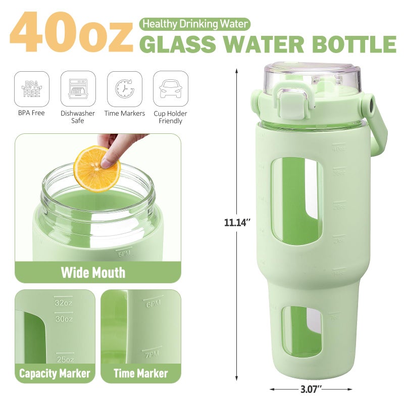 BLUEGO 40 oz Glass Water Bottles with Straw Time Marker  Glass Tumbler with Handle Top Lids  Easy to Clean  Fits in Car Cup Holder  Leakproof Jug for Gym  Sports  Workout & Daily  Green - Image 1