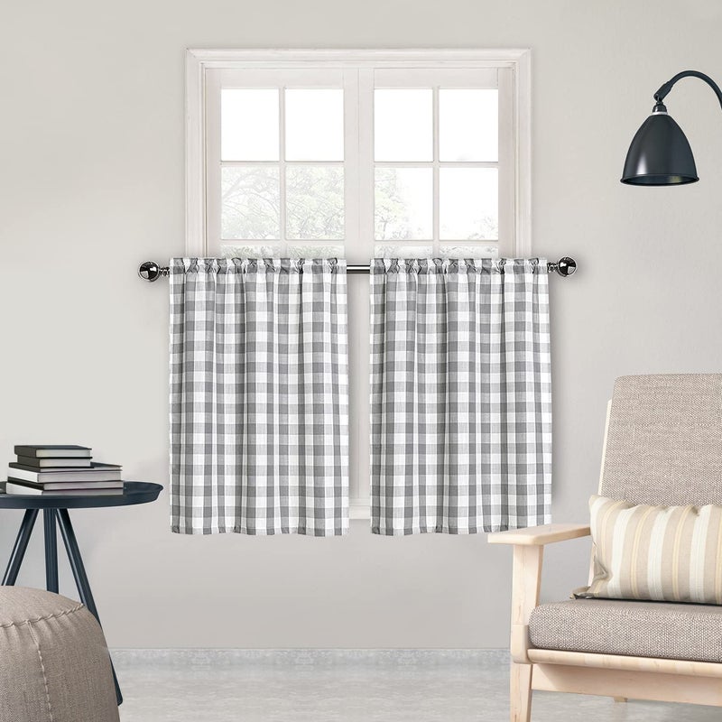 Amzdecor Tier Curtains for Kitchen Windows  Buffalo Plaid Gingham Pattern Linen Fabric Rod Pocket Short Window Panels for Kitchen Cafe Bathroom Window Curtains  28"" W x 36"" L  Sliver/Gray  Set of 2 - Image 1