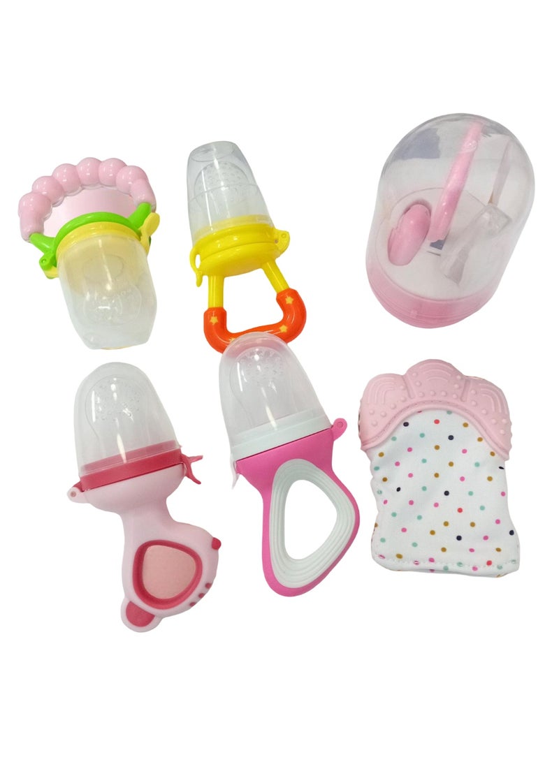 Complete 6 in 1 set for the care and nutrition of infants – 1 silicone teething glove, 4 fruit feeding pacifiers, 1 nail scissors and file - total of 6 pieces - color 2  - Image 1