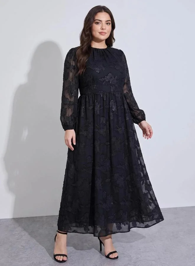 Maxi Length Printed Satin Jacquard A-Line Dress