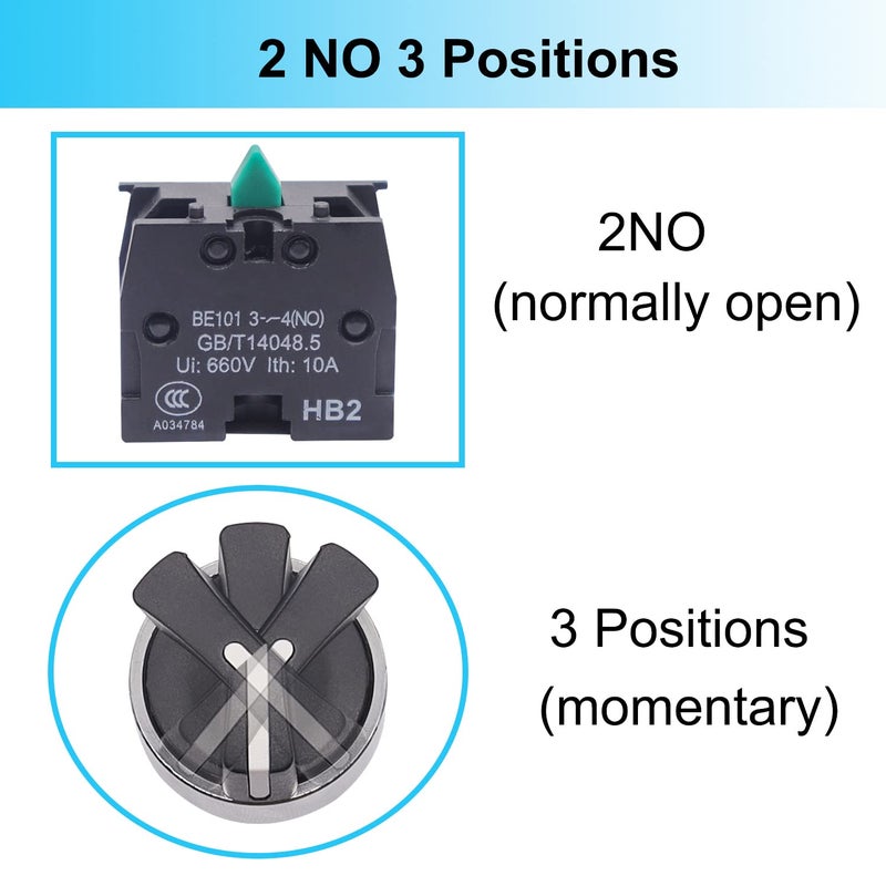 TWTADE / 2Pcs 22mm Selector Switch 2 NO 3 - Positions Momentary Rotary Selector Switch 440V 10A XB2-20X/33-HB2-BD53 - Image 3
