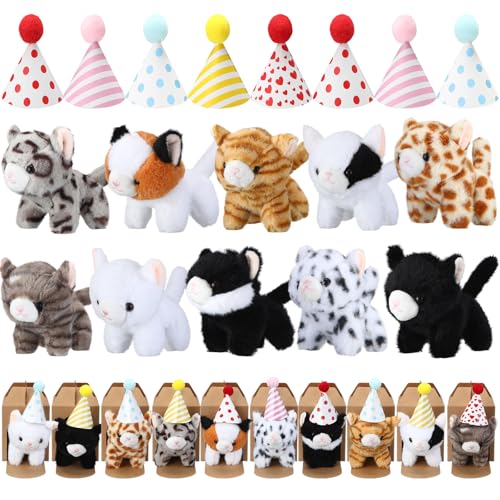 Motionchic 10 Set Kittens Stuffed Animals Bulk with 10 Birthday Hats 10 Kraft Paper Boxes Mini Plush Toys Small Stuffed Cat Pet Gifts for Kids School Birthday Animal DecorStanding Style - Image 1