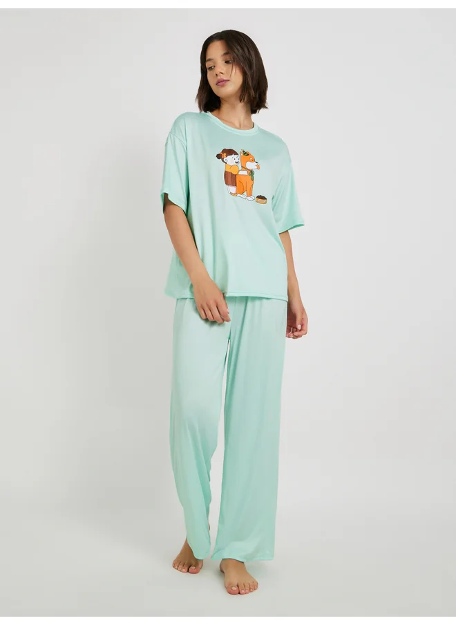 تايك تو Take Two Graphic Print Short Sleeve T-Shirt and Pyjama Set