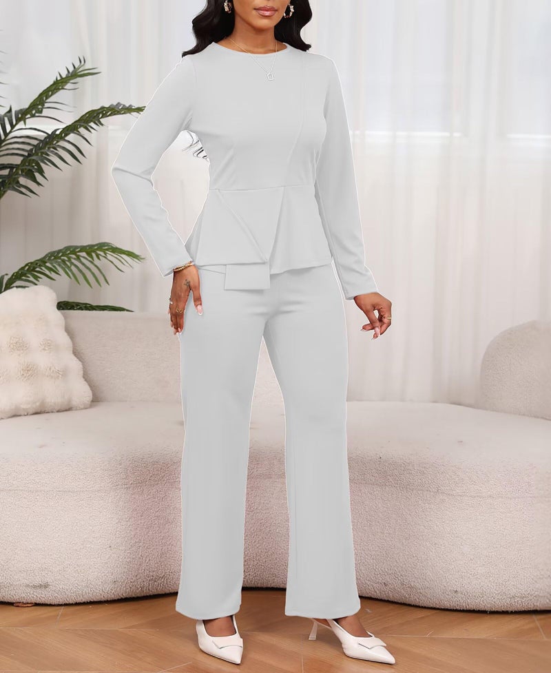 Aro Lora Women 2 Piece Outfits Casual Long Sleeve Irregular Hem Slit Top Pant Set Dressy Pantsuits X-Large White - Image 3