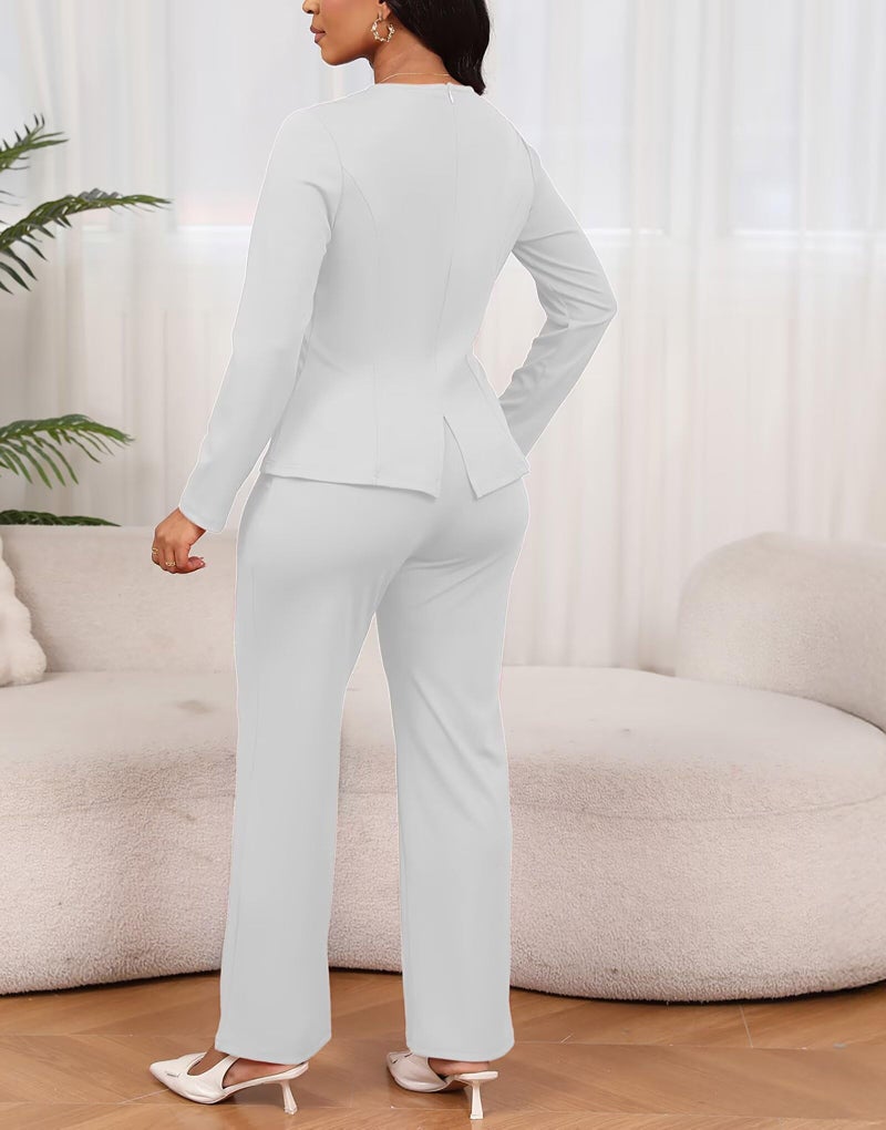 Aro Lora Women 2 Piece Outfits Casual Long Sleeve Irregular Hem Slit Top Pant Set Dressy Pantsuits X-Large White - Image 4