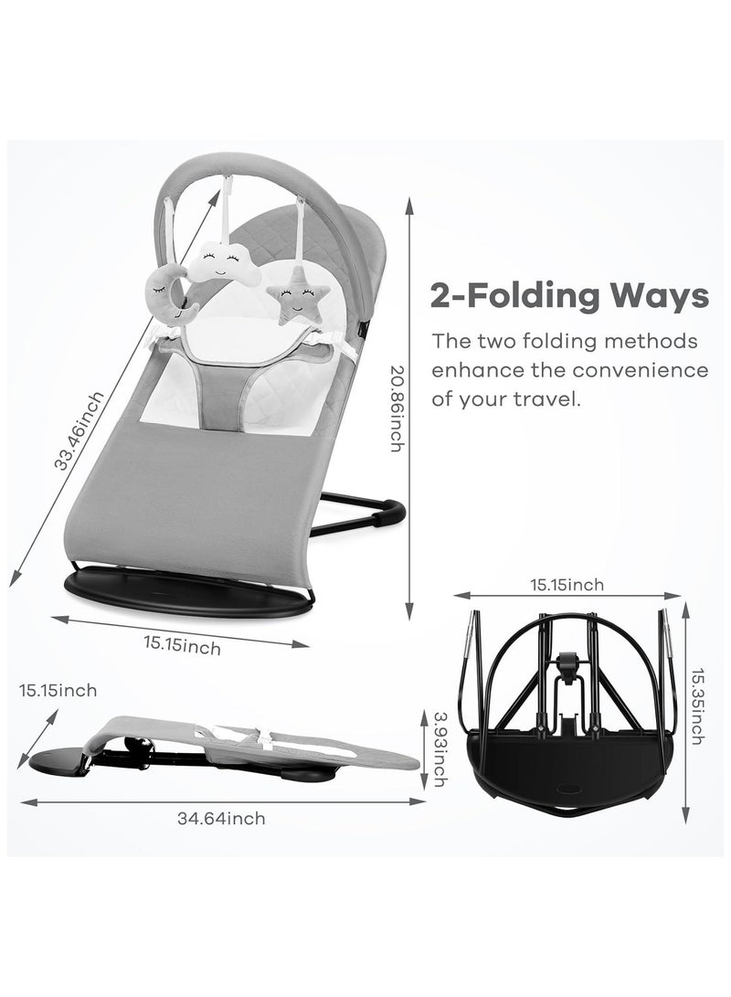 NNEWVANTE Baby Bouncer, Portable Baby Bouncer Seat for Babies 0-18 Months, 100% Cotton Fabrics, 3 Modes of use with Rocker and Stationary Options, Infant Rocker Chair with Hanging Toys-Light Grey - Image 3