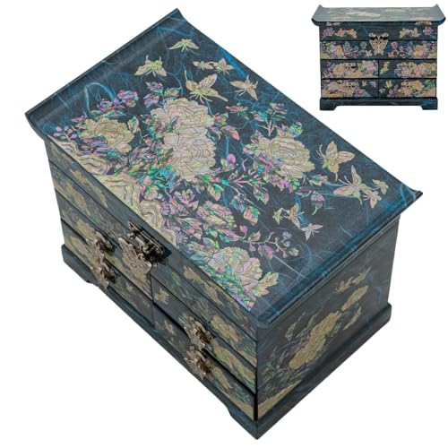 February Mountain Mother of Pearl Wooden Jewelry Organizer Box – Jewelry Storage Box for Women, Features Spacious Drawers, Ideal for Rings, Bracelets, Watches, Chains, Accessories (Peony_Blue) - Image 1
