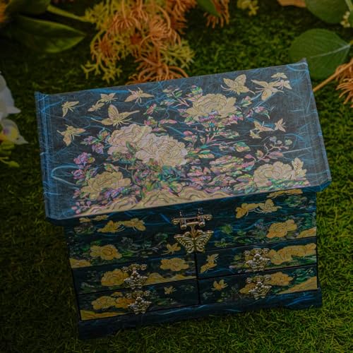 February Mountain Mother of Pearl Wooden Jewelry Organizer Box – Jewelry Storage Box for Women, Features Spacious Drawers, Ideal for Rings, Bracelets, Watches, Chains, Accessories (Peony_Blue) - Image 3