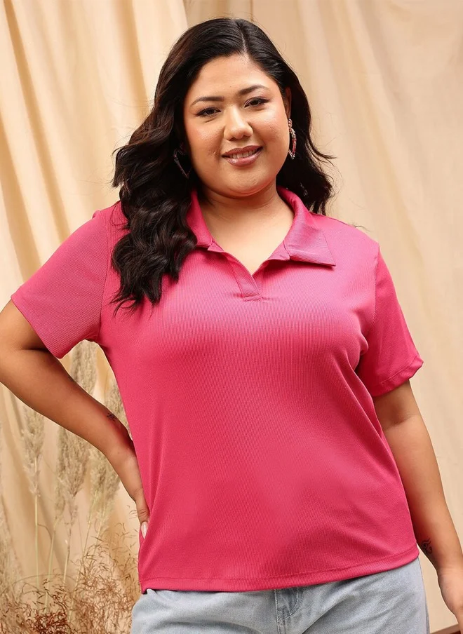CURVY STREET Fuchsia Striped Polo T-Shirt for Women