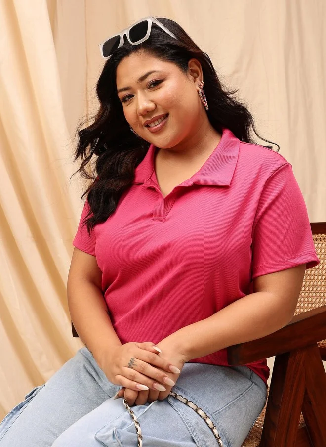 CURVY STREET Fuchsia Striped Polo T-Shirt for Women