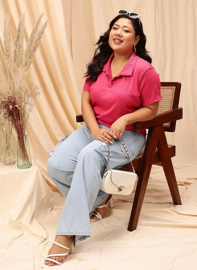 CURVY STREET Fuchsia Striped Polo T-Shirt for Women