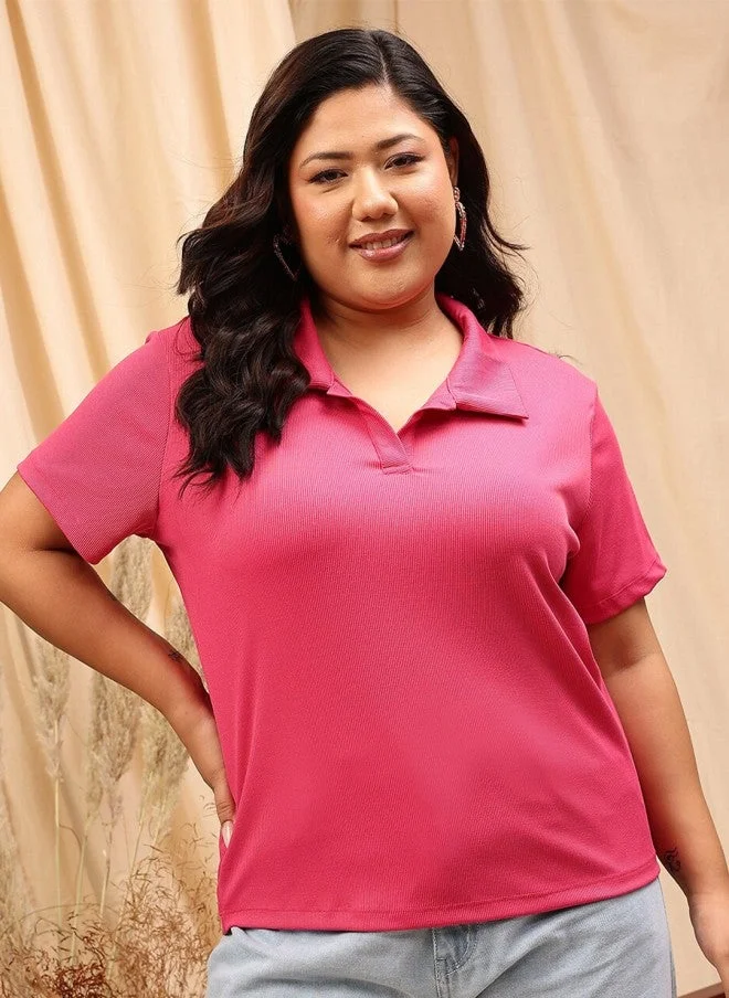 CURVY STREET Fuchsia Striped Polo T-Shirt for Women