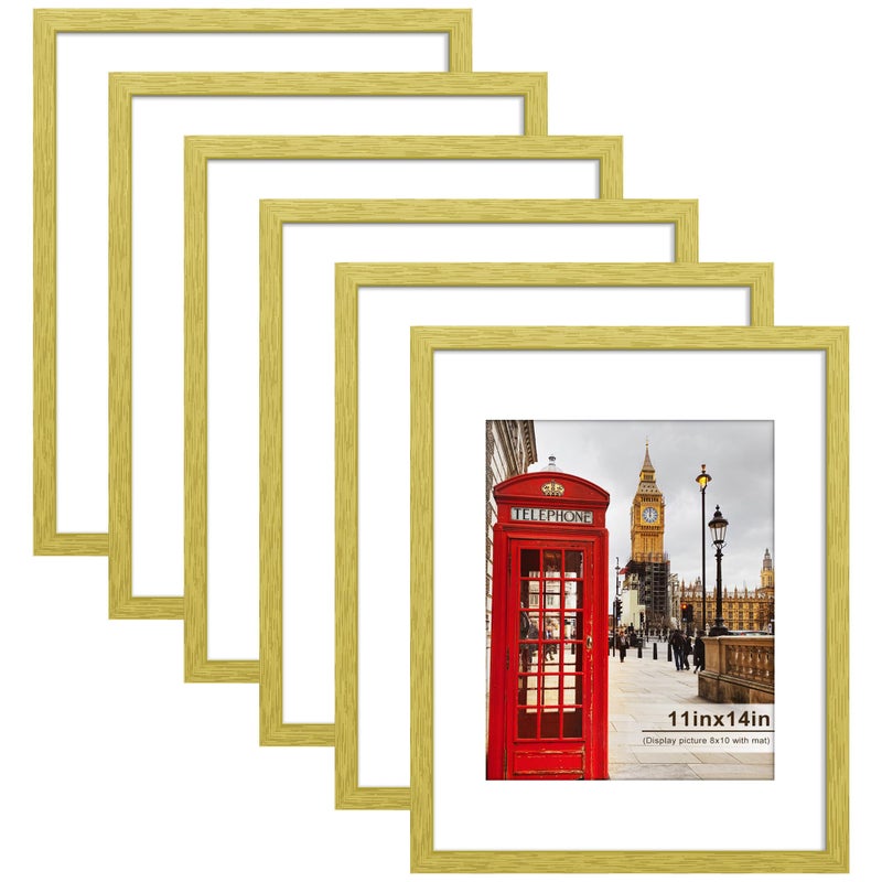 PEALSN 11x14 Picture Frame Set of 6 Display Pictures 8x10 with Mat or 11x14 without Mat for Wall Mounting or Table Top Display Photo Frames Collage for Wall Decor Gold