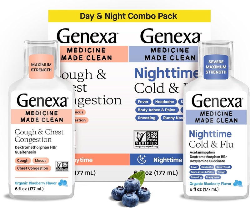 Genexa Daytime Cough  Congestion  Nighttime Severe Cold  Flu Combo Pack Dye Free 0 Artificial Additives Liquid MultiSymptom Cough Cold  Flu Organic Blueberry Flavor 12 fl oz 2 Pack - Image 1