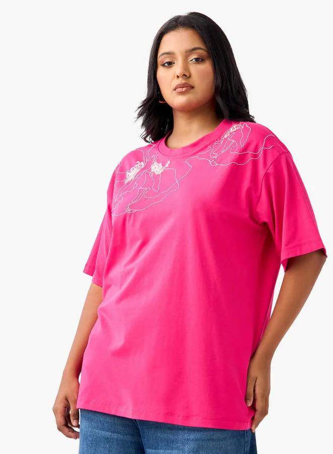 Ulla Popken Plus Size Ulla Popken Embellished T-shirt with Short Sleeves