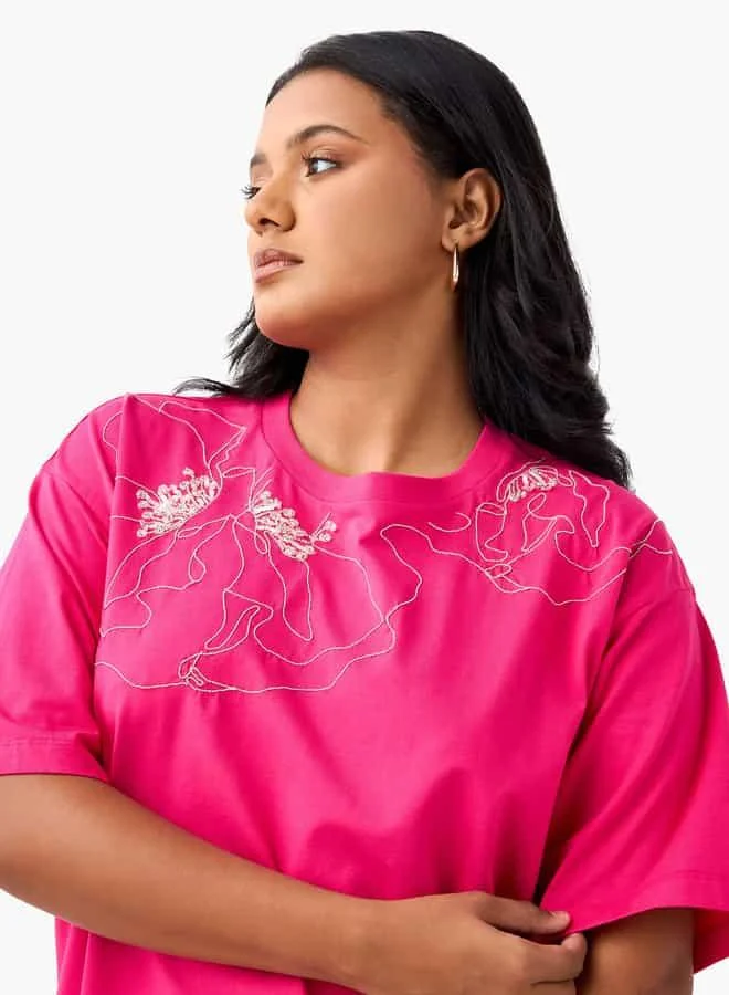 Ulla Popken Plus Size Ulla Popken Embellished T-shirt with Short Sleeves