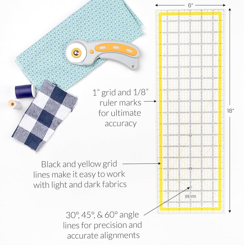 Breman Precision Quilting Rulers – 6x18 Inch Clear Acrylic Rulers for Quilting and Sewing – Laser-Cut Edge, Easy-Read Grid Lines, Angled Markers – Fabric Guide for Left & Right-Handed Users - Image 2