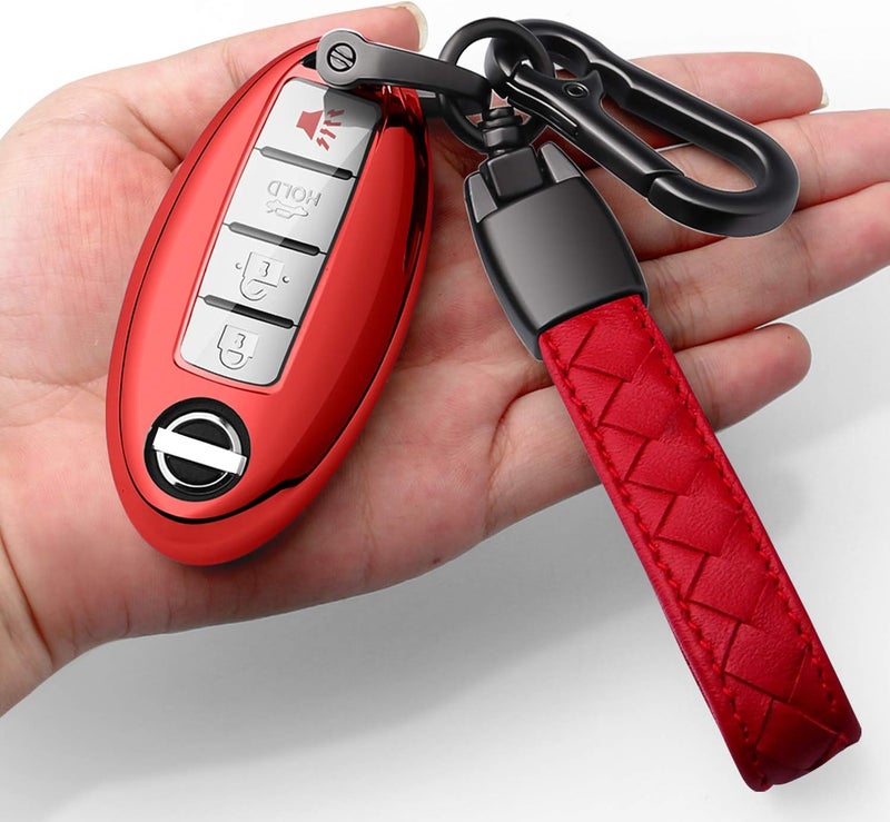 Autophone Compatible with Nissan Key Fob Cover with Leather Keychain Soft TPU 360 Degree Protection Key Case for Altima Maxima Rogue Armada Pathfinder Smart Key 3 4 5-Button-Red - Image 1