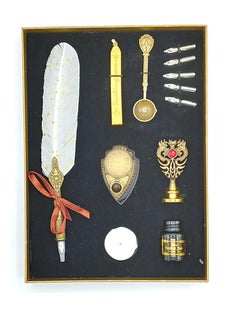 Gold LEAF Feather Calligraphy Pen Ink Set,Quill Pen Set Includes Feather Dip Pen,Ink,5Replacement Nibs,1Wax Seal Sticks,Pen Holder,Seal Stamp, White Wax,Spoon  - Image 1
