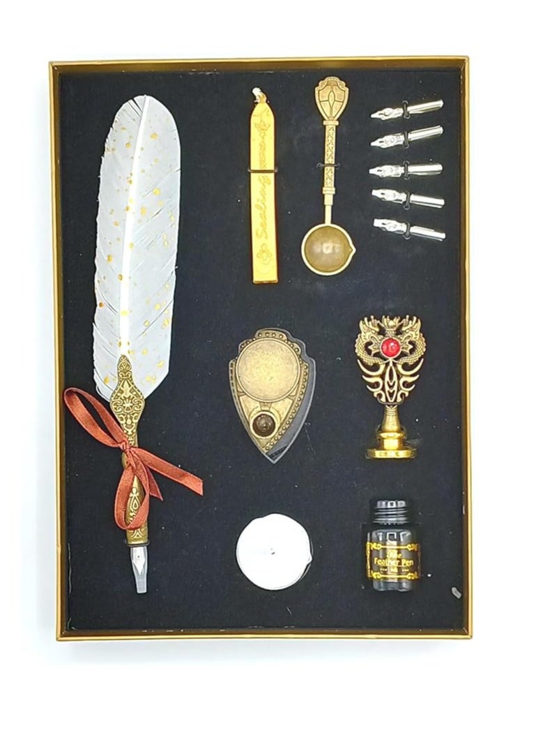 Gold LEAF Feather Calligraphy Pen Ink Set,Quill Pen Set Includes Feather Dip Pen,Ink,5Replacement Nibs,1Wax Seal Sticks,Pen Holder,Seal Stamp, White Wax,Spoon  - Image 1