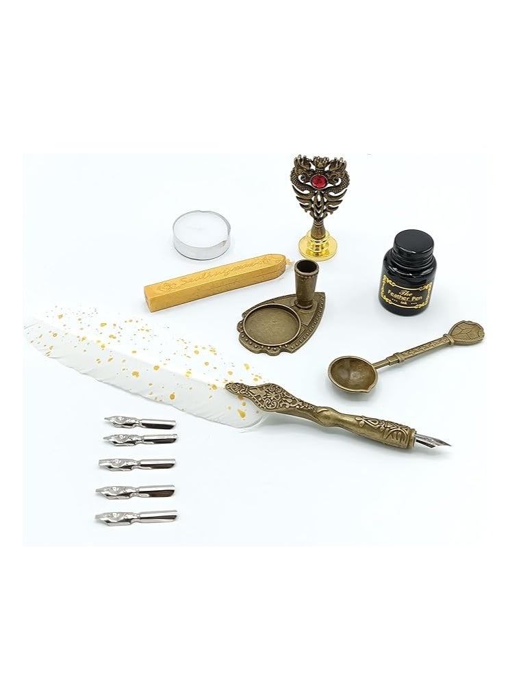 Gold LEAF Feather Calligraphy Pen Ink Set,Quill Pen Set Includes Feather Dip Pen,Ink,5Replacement Nibs,1Wax Seal Sticks,Pen Holder,Seal Stamp, White Wax,Spoon  - Image 2