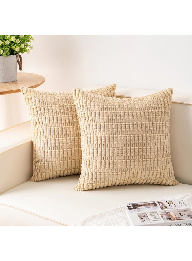 Aegero Pack of 2 Corduroy Decorative Throw Pillow Covers 16x16 Inch Soft Striped Pillow Covers Modern Farmhouse Home Decor for Sofa Living Room Couch Bed（Beige） - Image 1