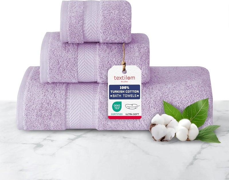 TEXTILOM 100% Turkish Cotton 3 Pcs Bath Towel Set, Luxury Bath Towels for Bathroom, Soft & Absorbent Bathroom Towels Set (1 Bathtowel, 1 Hand Towel, 1 Washcloth)- Lilac - Image 1