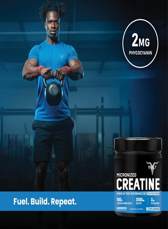 Bolt Micronised Creatine Monohydrate 3000 Powder|With Phycocyanine|Boosts Athletic Performance|Provides Energy Support For Heavy Workout|Formulated In Usa| 250 grams (0.55Lb),83 Serving|Unflavored - Image 4