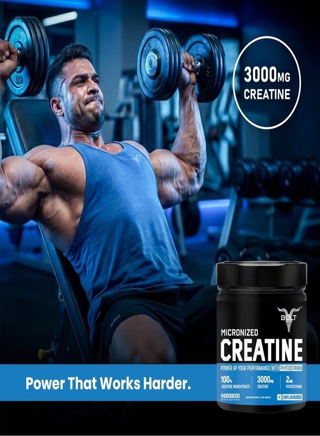 Bolt Micronised Creatine Monohydrate 3000 Powder|With Phycocyanine|Boosts Athletic Performance|Provides Energy Support For Heavy Workout|Formulated In Usa| 250 grams (0.55Lb),83 Serving|Unflavored - Image 3