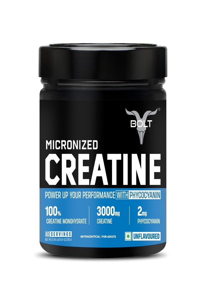 Bolt Micronised Creatine Monohydrate 3000 Powder|With Phycocyanine|Boosts Athletic Performance|Provides Energy Support For Heavy Workout|Formulated In Usa| 250 grams (0.55Lb),83 Serving|Unflavored - Image 1