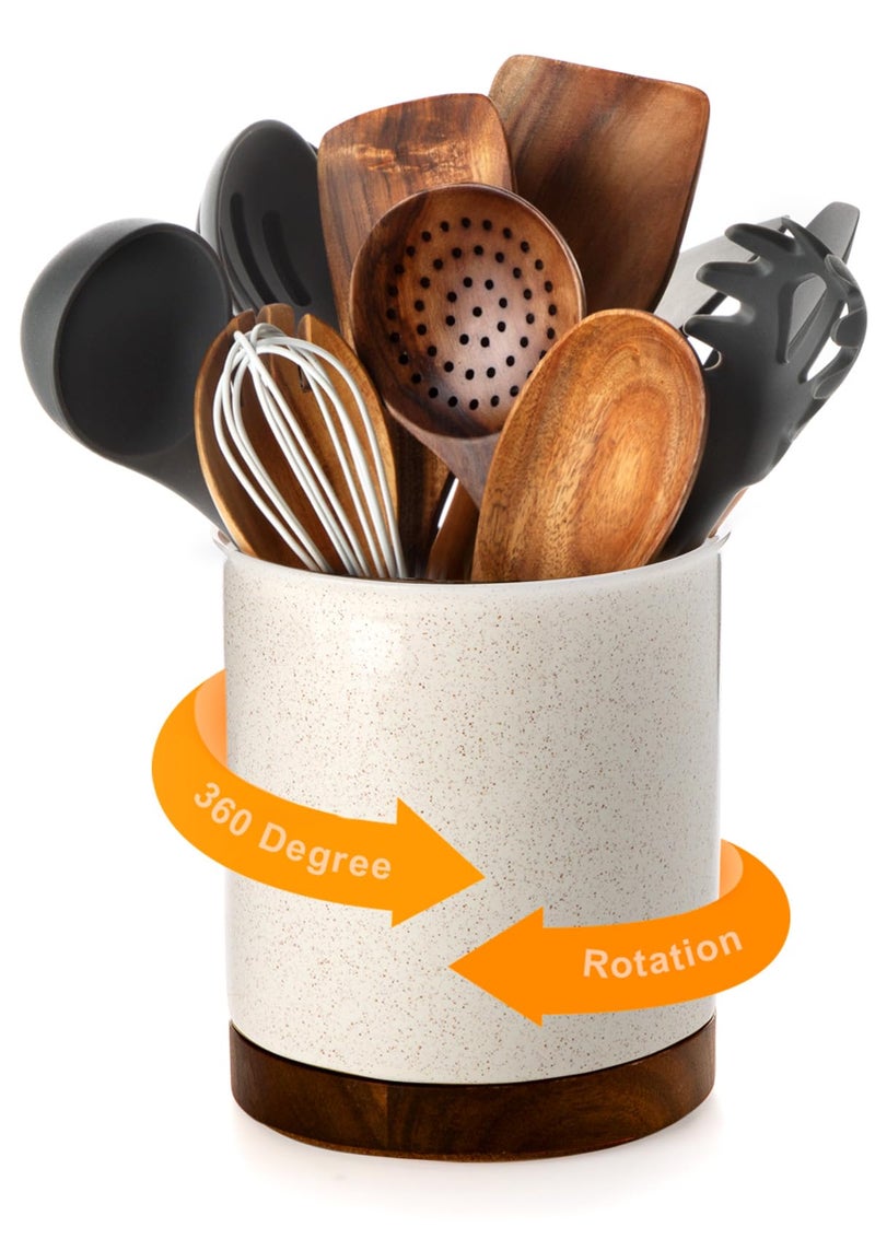 Nucookery 360°Rotating Utensil Holder, 7.2" Large Utensil Crock, White Ceramic Cooking Utensil Organizer,Farmhouse Kitchen Decor Christmas Thanksgiving Gift (Sand) - Image 1