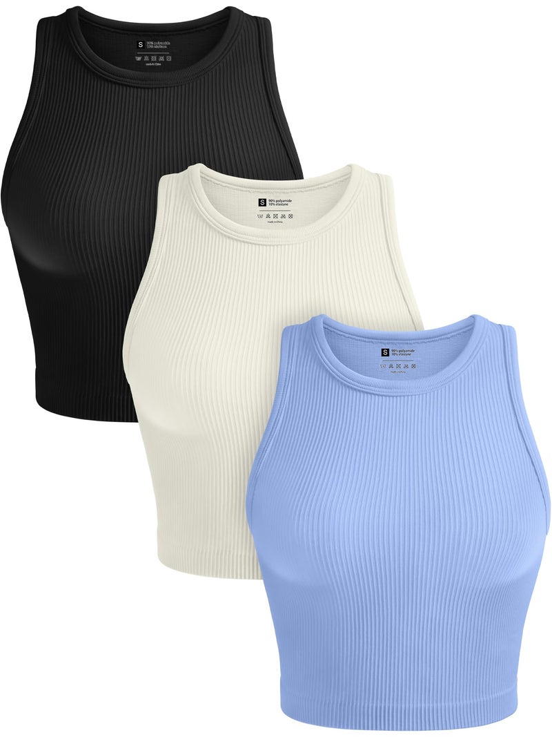 OLCHEE Womens 3 Pack Crop Tank Tops Basic Seamless Ribbed Round High Neck Racerback Workout Top Summer Causal Yoga Gym Shirts - Black Beige Light Blue Large - Image 1