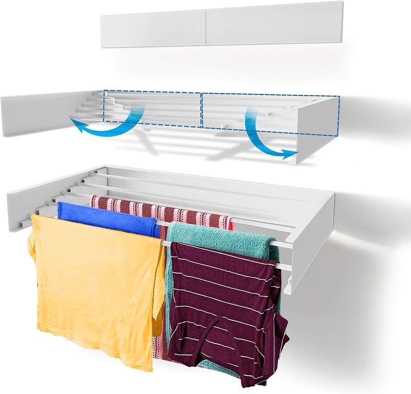 Rainbow Drywell Fold Hide Metal Rust Free Clothes Drying Rack Wall Mounting Folding Collapsible Space Saver Cloth Drying Stand for Drying Color Black White 80 cms x 5 Pipes - Image 1